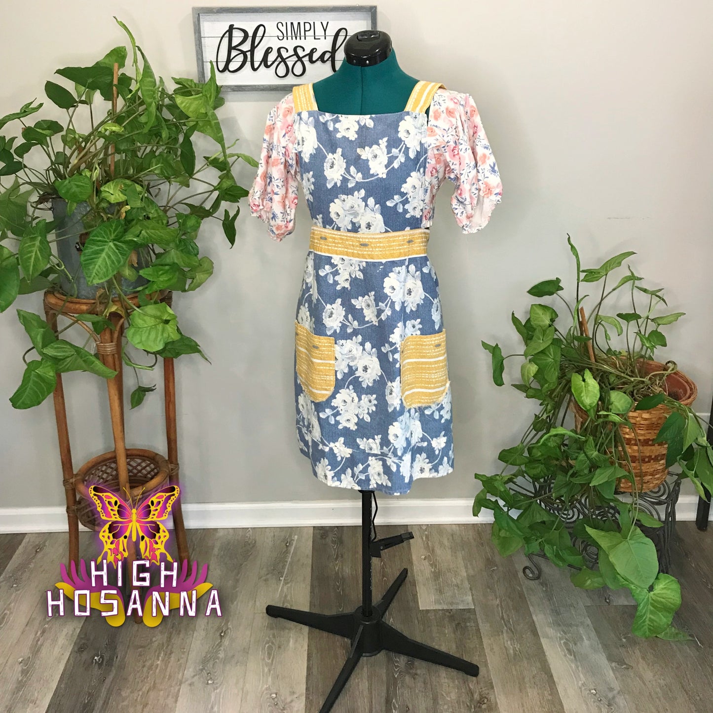 Blue & Yellow Floral Apron with Pockets