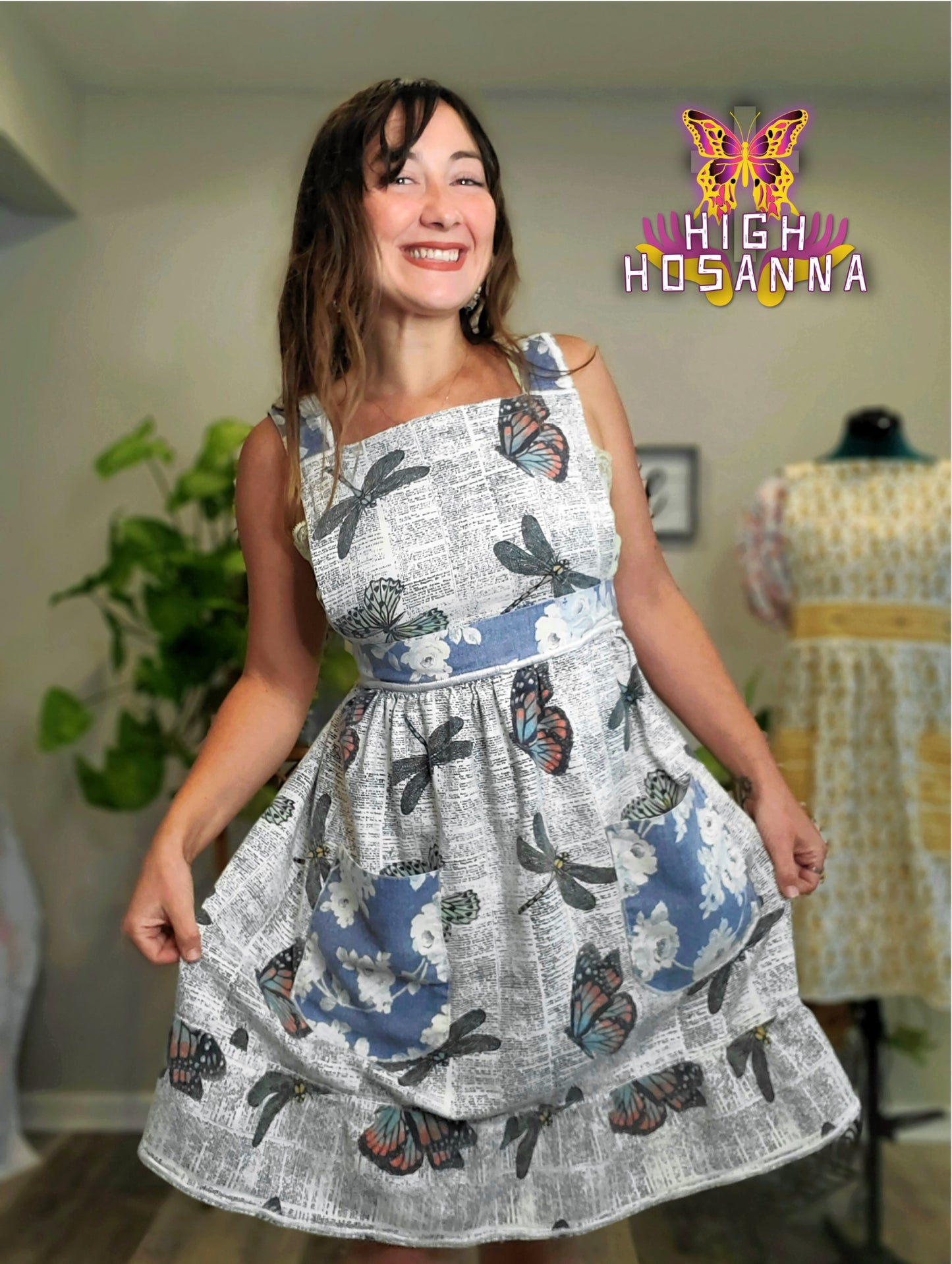 Blue Butterfly Apron with Pockets